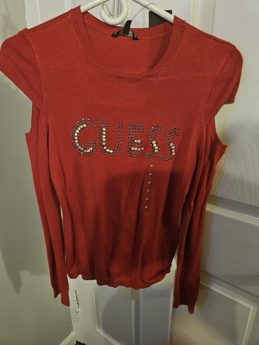 GUESS Red Rhinestone Cold-Shoulder Sweater - Picture 2 of 4